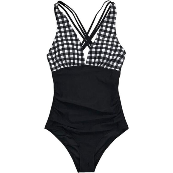CUPSHE Black Gingham Ruched Criss-Cross Back One Piece Swimsuit Small New - Picture 1 of 4